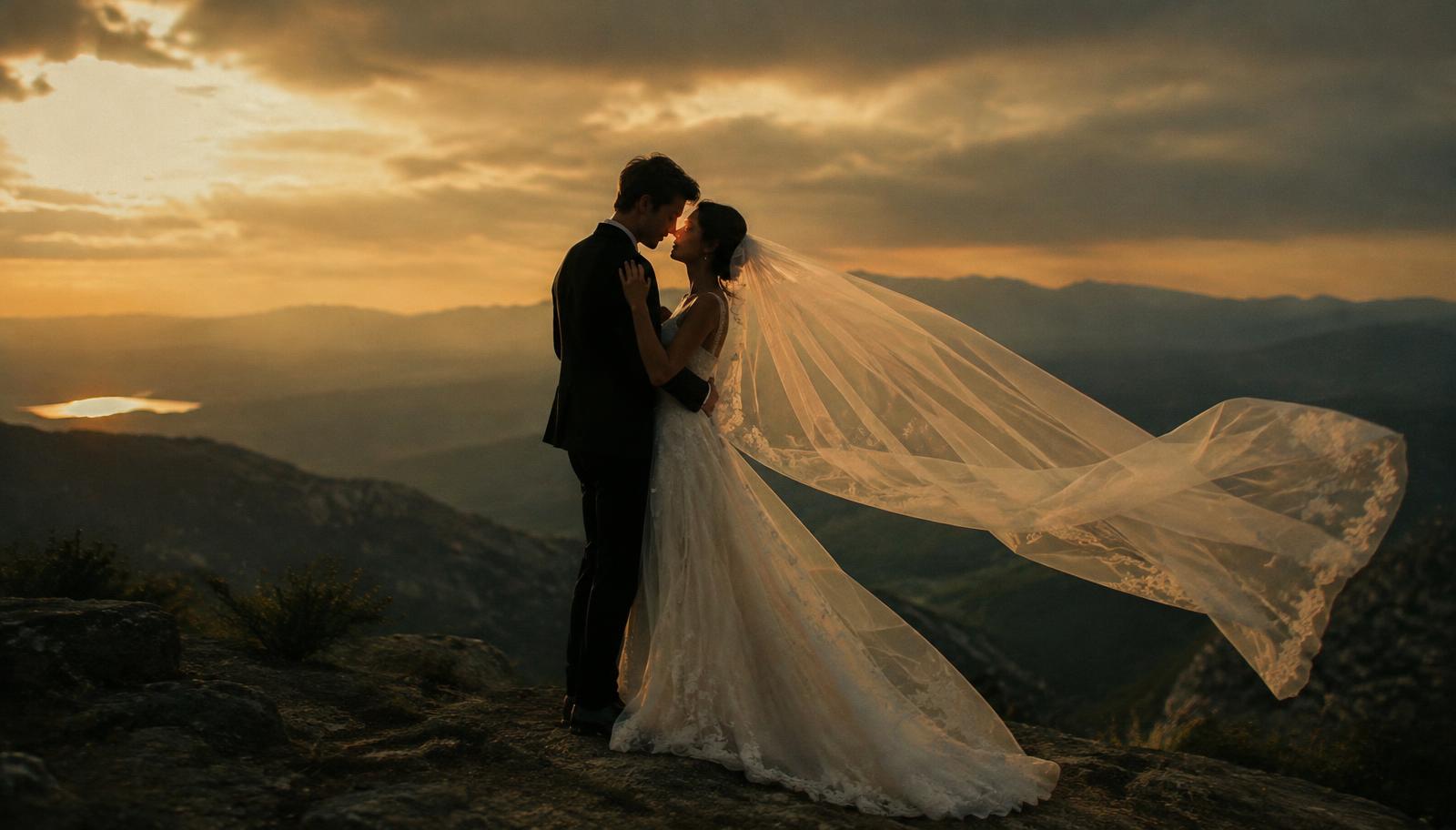 Couple on a mountaintop with a flowing veil at sunset