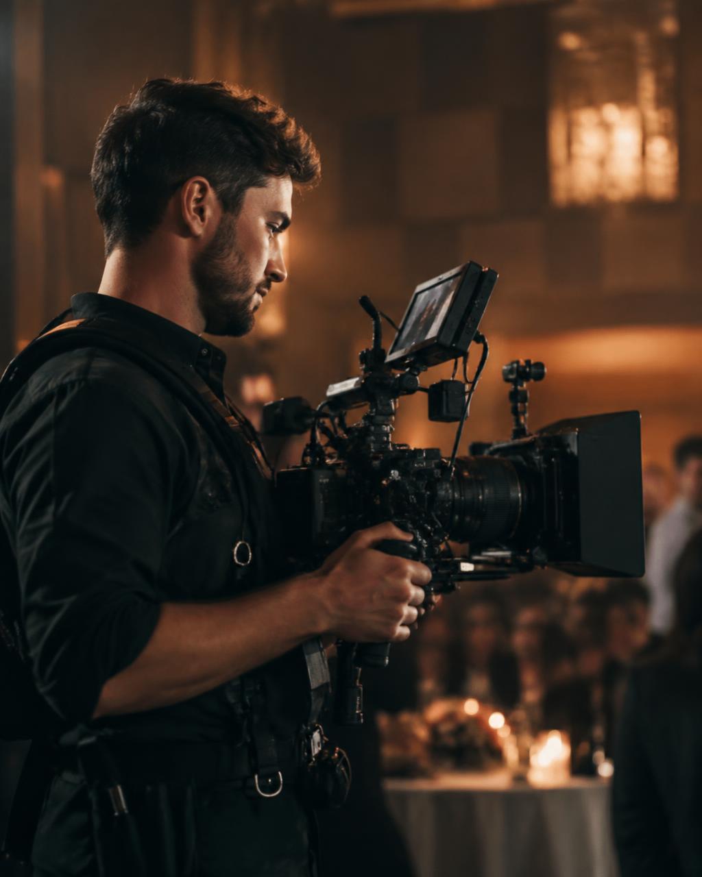 Videographer filming an evening event